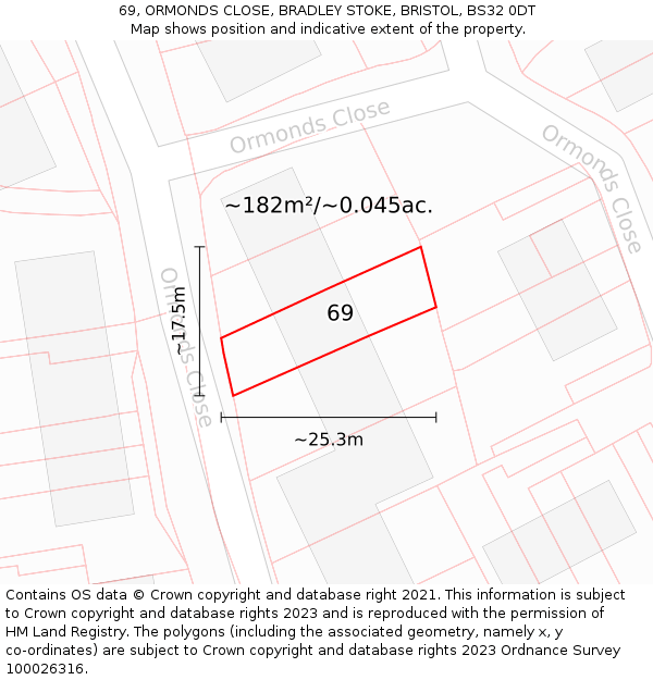 69, ORMONDS CLOSE, BRADLEY STOKE, BRISTOL, BS32 0DT: Plot and title map
