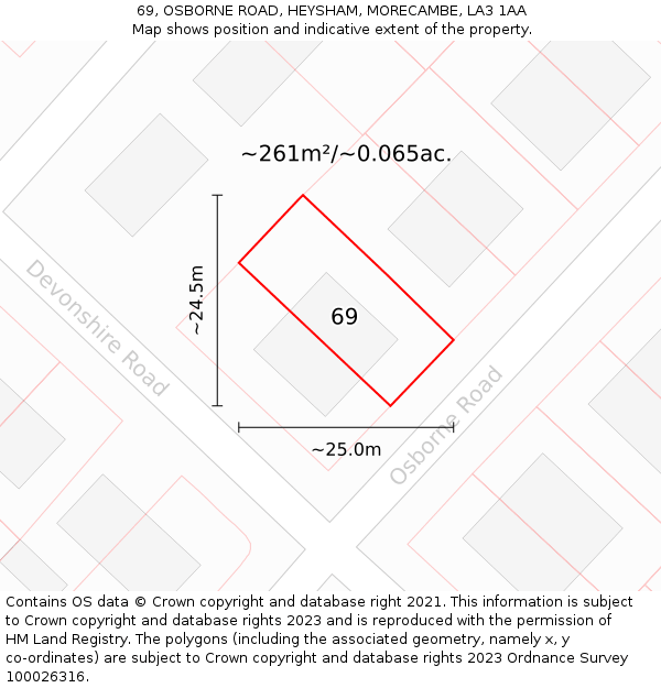 69, OSBORNE ROAD, HEYSHAM, MORECAMBE, LA3 1AA: Plot and title map