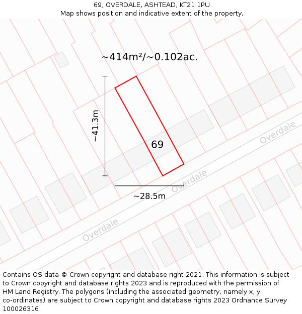 69, OVERDALE, ASHTEAD, KT21 1PU: Plot and title map