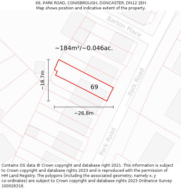 69, PARK ROAD, CONISBROUGH, DONCASTER, DN12 2EH: Plot and title map