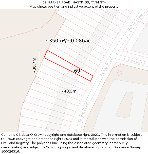69, PARKER ROAD, HASTINGS, TN34 3TH: Plot and title map