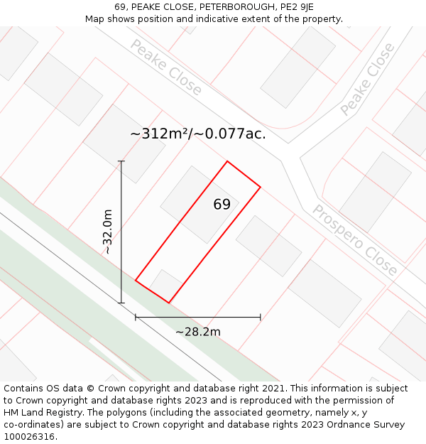 69, PEAKE CLOSE, PETERBOROUGH, PE2 9JE: Plot and title map