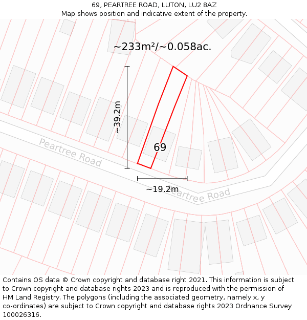 69, PEARTREE ROAD, LUTON, LU2 8AZ: Plot and title map