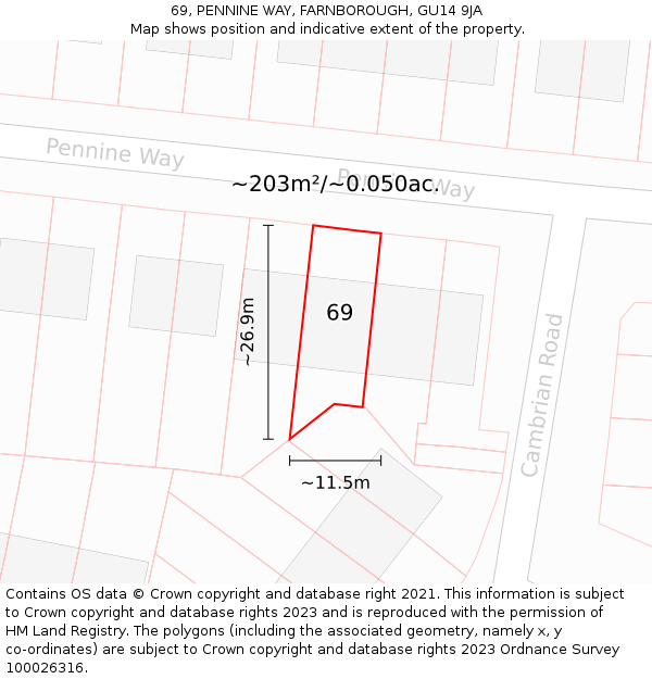 69, PENNINE WAY, FARNBOROUGH, GU14 9JA: Plot and title map
