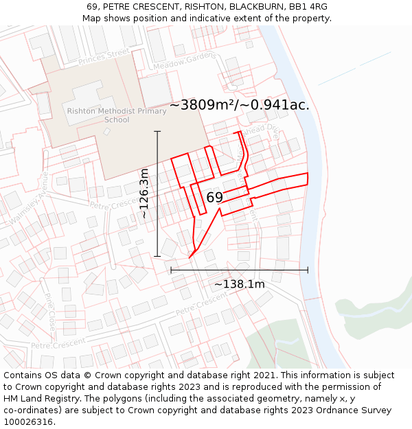 69, PETRE CRESCENT, RISHTON, BLACKBURN, BB1 4RG: Plot and title map