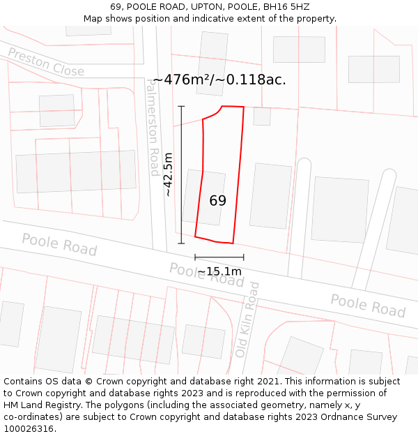 69, POOLE ROAD, UPTON, POOLE, BH16 5HZ: Plot and title map