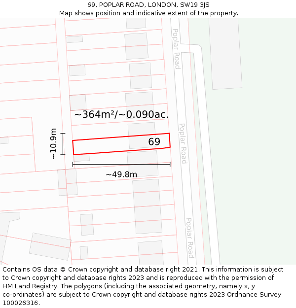 69, POPLAR ROAD, LONDON, SW19 3JS: Plot and title map