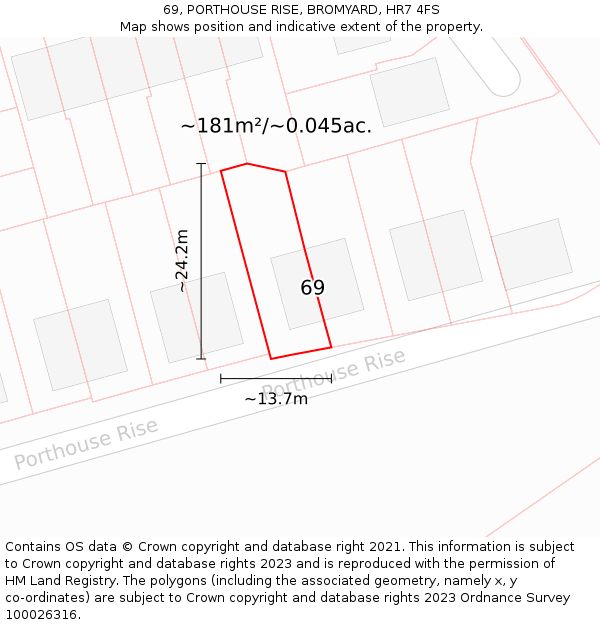 69, PORTHOUSE RISE, BROMYARD, HR7 4FS: Plot and title map
