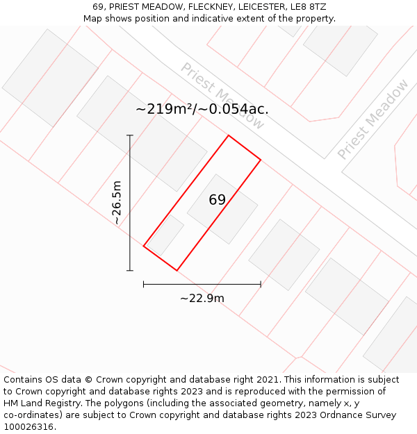 69, PRIEST MEADOW, FLECKNEY, LEICESTER, LE8 8TZ: Plot and title map