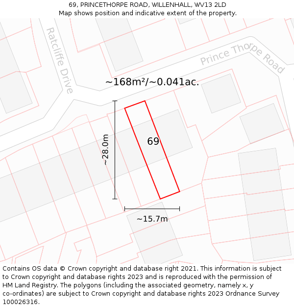 69, PRINCETHORPE ROAD, WILLENHALL, WV13 2LD: Plot and title map