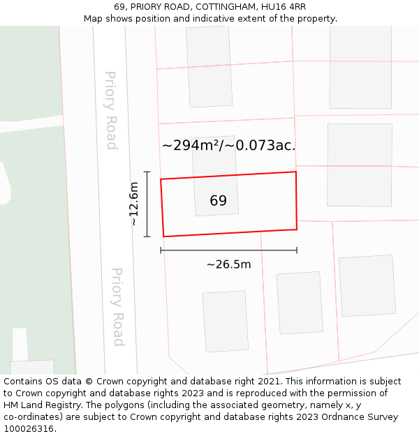 69, PRIORY ROAD, COTTINGHAM, HU16 4RR: Plot and title map