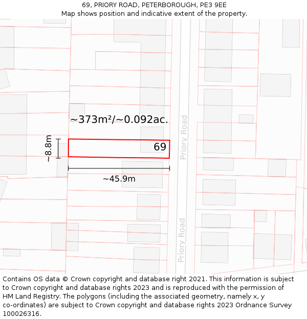 69, PRIORY ROAD, PETERBOROUGH, PE3 9EE: Plot and title map