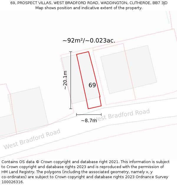 69, PROSPECT VILLAS, WEST BRADFORD ROAD, WADDINGTON, CLITHEROE, BB7 3JD: Plot and title map