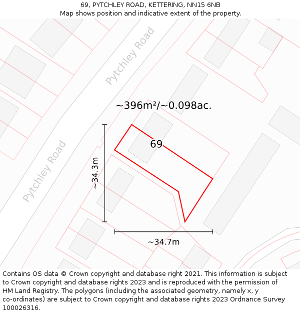 69, PYTCHLEY ROAD, KETTERING, NN15 6NB: Plot and title map