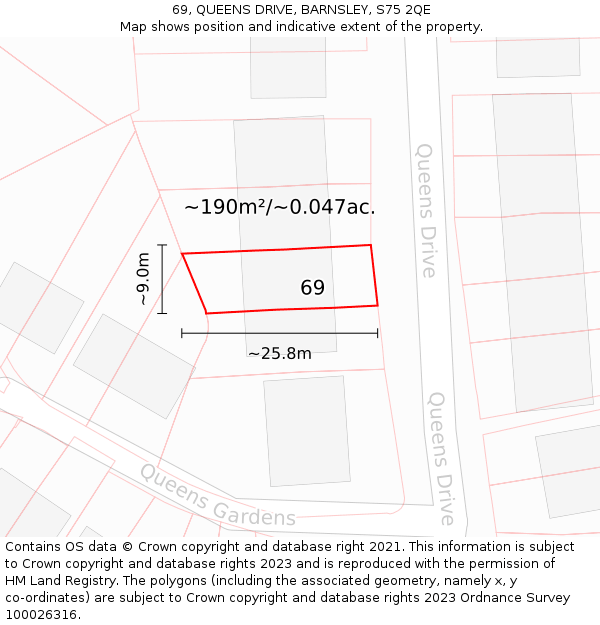 69, QUEENS DRIVE, BARNSLEY, S75 2QE: Plot and title map