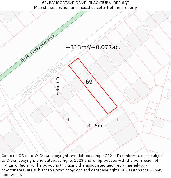 69, RAMSGREAVE DRIVE, BLACKBURN, BB1 8QT: Plot and title map