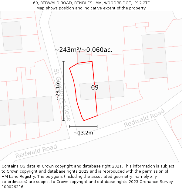 69, REDWALD ROAD, RENDLESHAM, WOODBRIDGE, IP12 2TE: Plot and title map