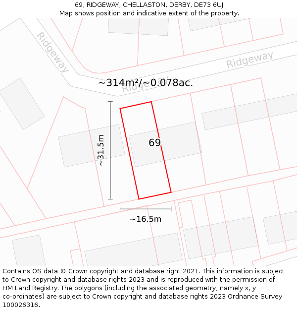 69, RIDGEWAY, CHELLASTON, DERBY, DE73 6UJ: Plot and title map