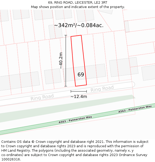 69, RING ROAD, LEICESTER, LE2 3RT: Plot and title map