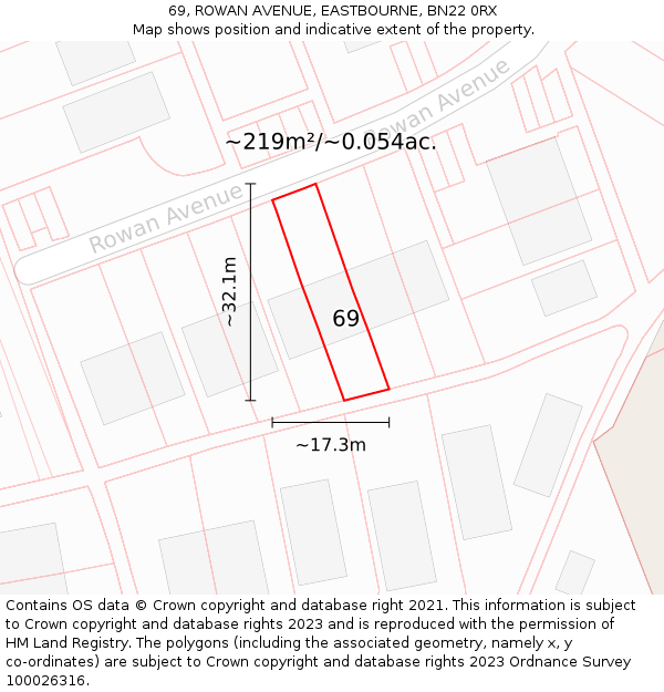 69, ROWAN AVENUE, EASTBOURNE, BN22 0RX: Plot and title map