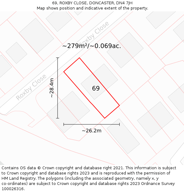 69, ROXBY CLOSE, DONCASTER, DN4 7JH: Plot and title map