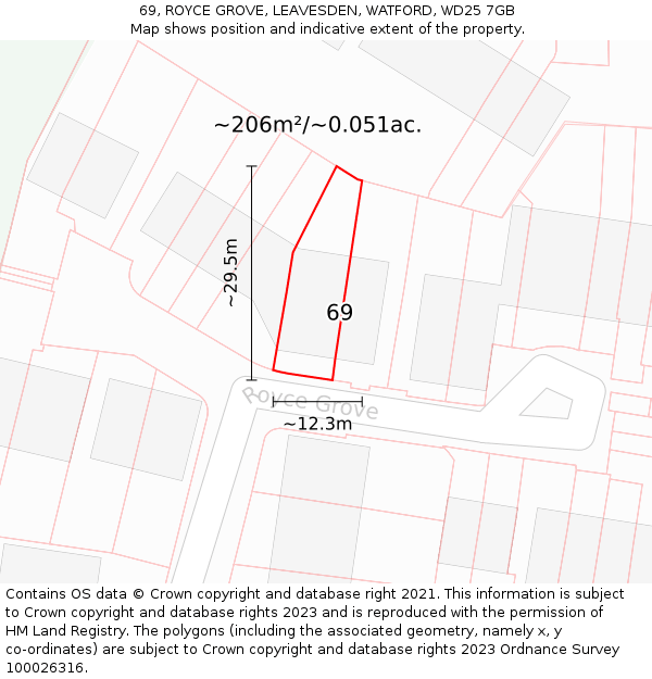 69, ROYCE GROVE, LEAVESDEN, WATFORD, WD25 7GB: Plot and title map