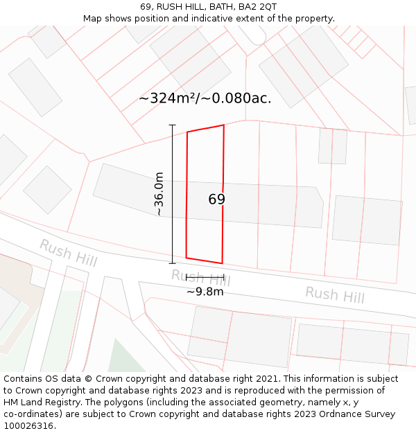 69, RUSH HILL, BATH, BA2 2QT: Plot and title map