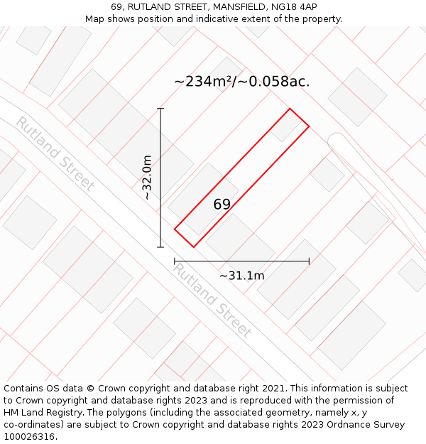 69, RUTLAND STREET, MANSFIELD, NG18 4AP: Plot and title map