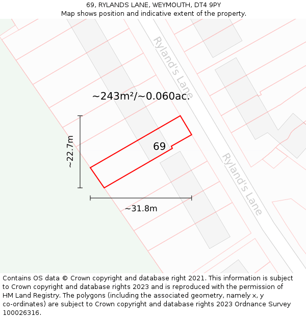 69, RYLANDS LANE, WEYMOUTH, DT4 9PY: Plot and title map