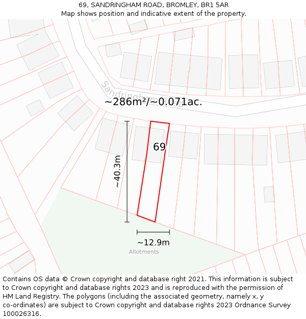 69, SANDRINGHAM ROAD, BROMLEY, BR1 5AR: Plot and title map