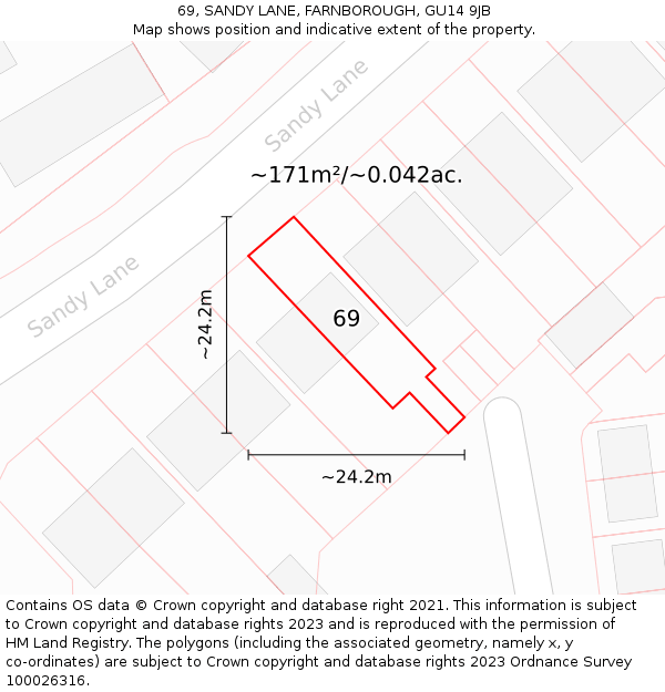 69, SANDY LANE, FARNBOROUGH, GU14 9JB: Plot and title map