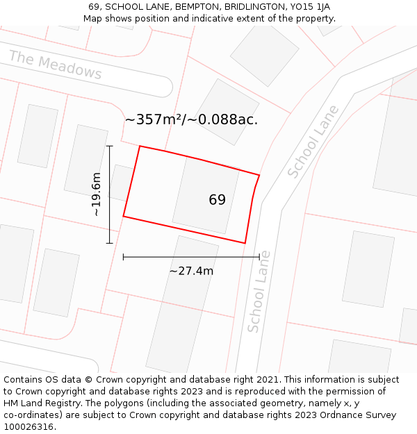 69, SCHOOL LANE, BEMPTON, BRIDLINGTON, YO15 1JA: Plot and title map
