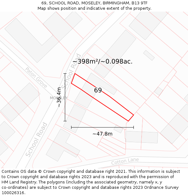 69, SCHOOL ROAD, MOSELEY, BIRMINGHAM, B13 9TF: Plot and title map