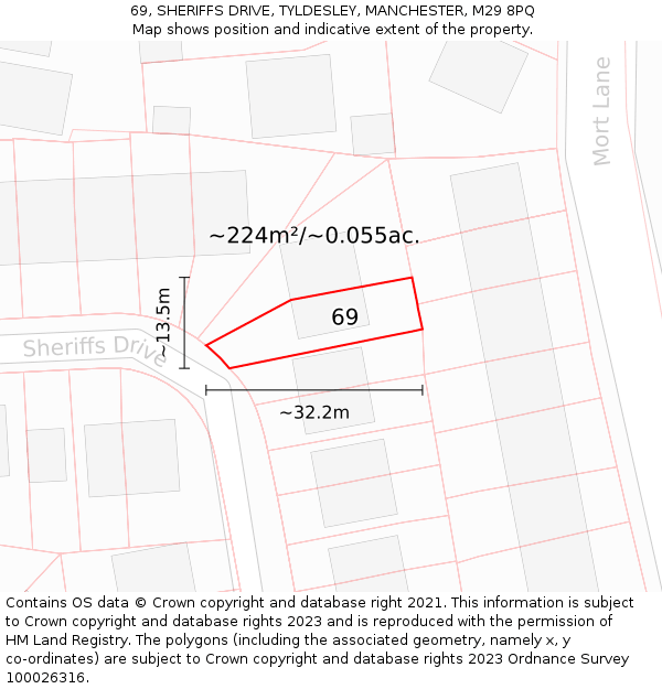 69, SHERIFFS DRIVE, TYLDESLEY, MANCHESTER, M29 8PQ: Plot and title map