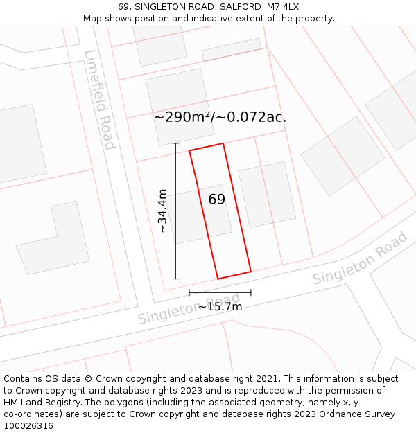 69, SINGLETON ROAD, SALFORD, M7 4LX: Plot and title map