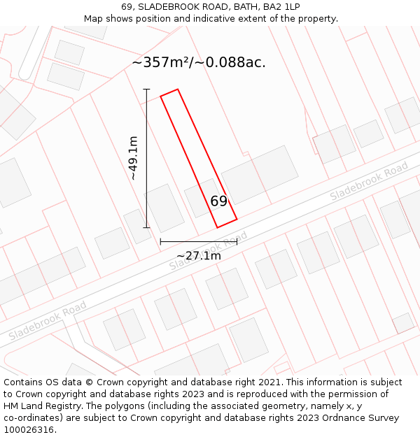 69, SLADEBROOK ROAD, BATH, BA2 1LP: Plot and title map