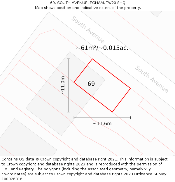 69, SOUTH AVENUE, EGHAM, TW20 8HQ: Plot and title map