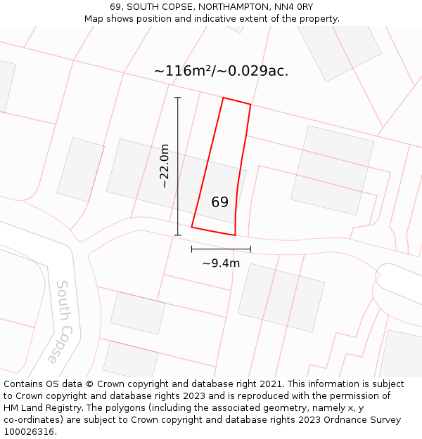 69, SOUTH COPSE, NORTHAMPTON, NN4 0RY: Plot and title map