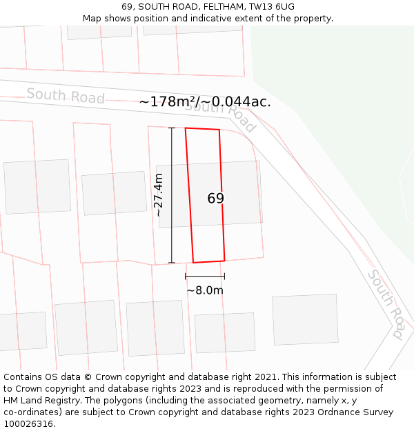 69, SOUTH ROAD, FELTHAM, TW13 6UG: Plot and title map