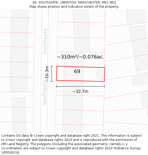 69, SOUTHGATE, URMSTON, MANCHESTER, M41 9EQ: Plot and title map