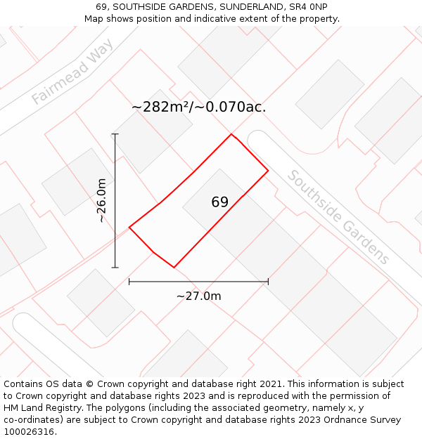 69, SOUTHSIDE GARDENS, SUNDERLAND, SR4 0NP: Plot and title map