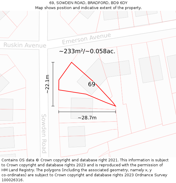 69, SOWDEN ROAD, BRADFORD, BD9 6DY: Plot and title map