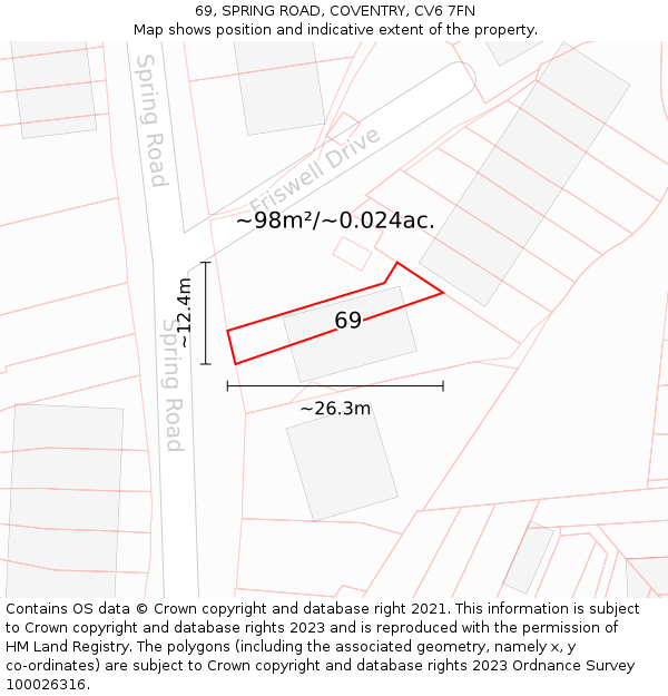 69, SPRING ROAD, COVENTRY, CV6 7FN: Plot and title map