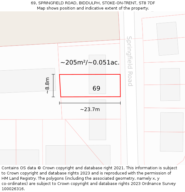 69, SPRINGFIELD ROAD, BIDDULPH, STOKE-ON-TRENT, ST8 7DF: Plot and title map