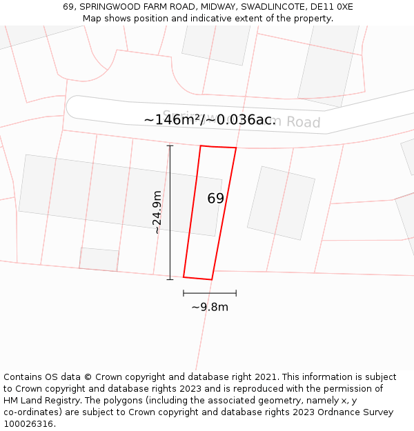 69, SPRINGWOOD FARM ROAD, MIDWAY, SWADLINCOTE, DE11 0XE: Plot and title map