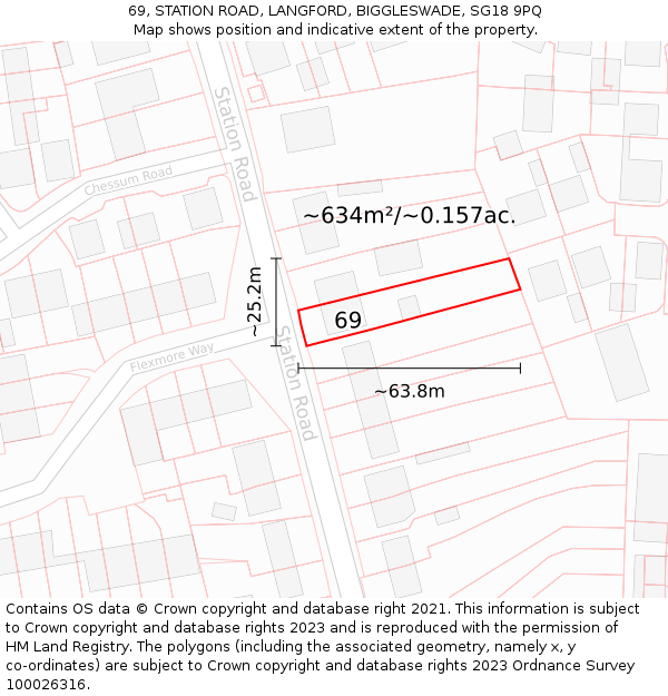 69, STATION ROAD, LANGFORD, BIGGLESWADE, SG18 9PQ: Plot and title map