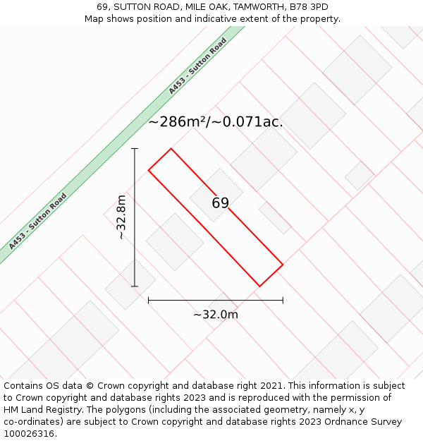 69, SUTTON ROAD, MILE OAK, TAMWORTH, B78 3PD: Plot and title map