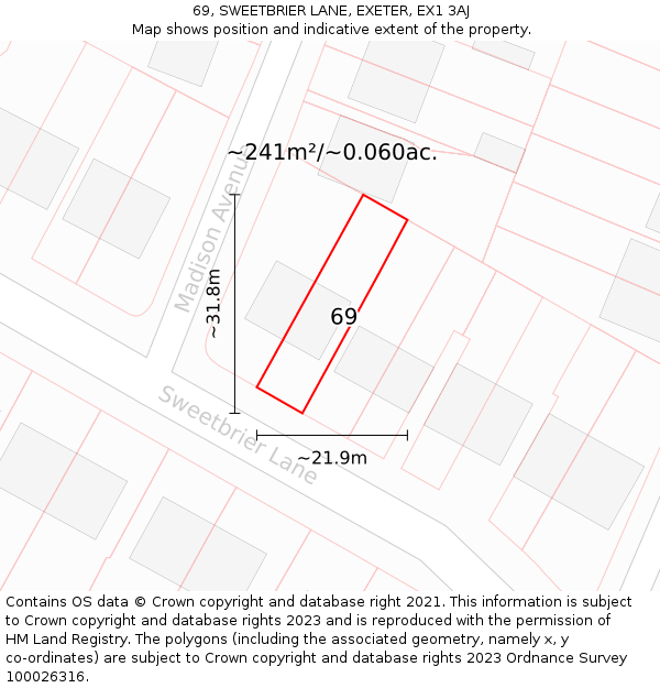 69, SWEETBRIER LANE, EXETER, EX1 3AJ: Plot and title map