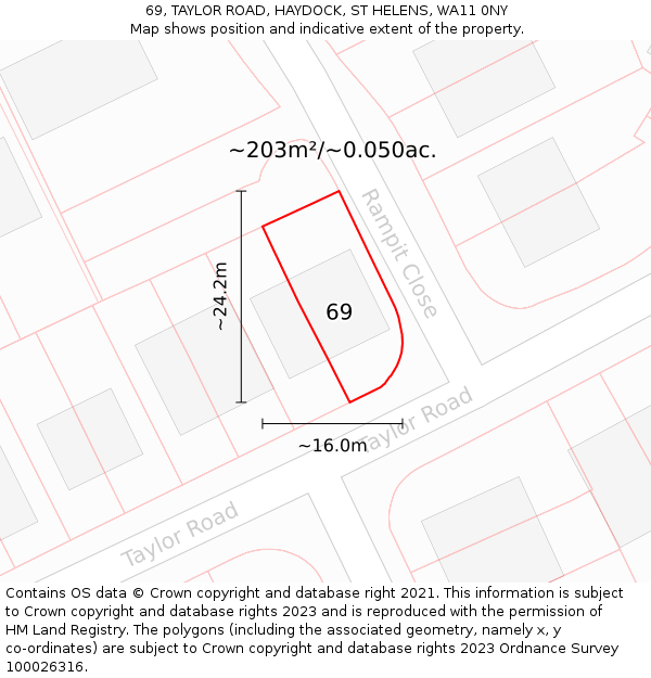 69, TAYLOR ROAD, HAYDOCK, ST HELENS, WA11 0NY: Plot and title map