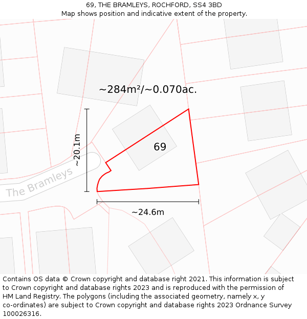 69, THE BRAMLEYS, ROCHFORD, SS4 3BD: Plot and title map